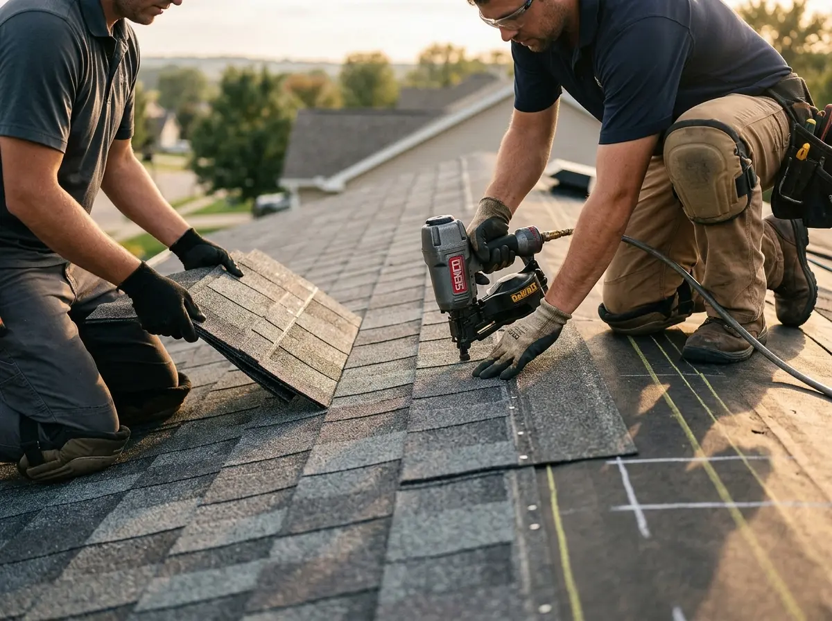 Professional roofer working on a residential roof in Hopkinton